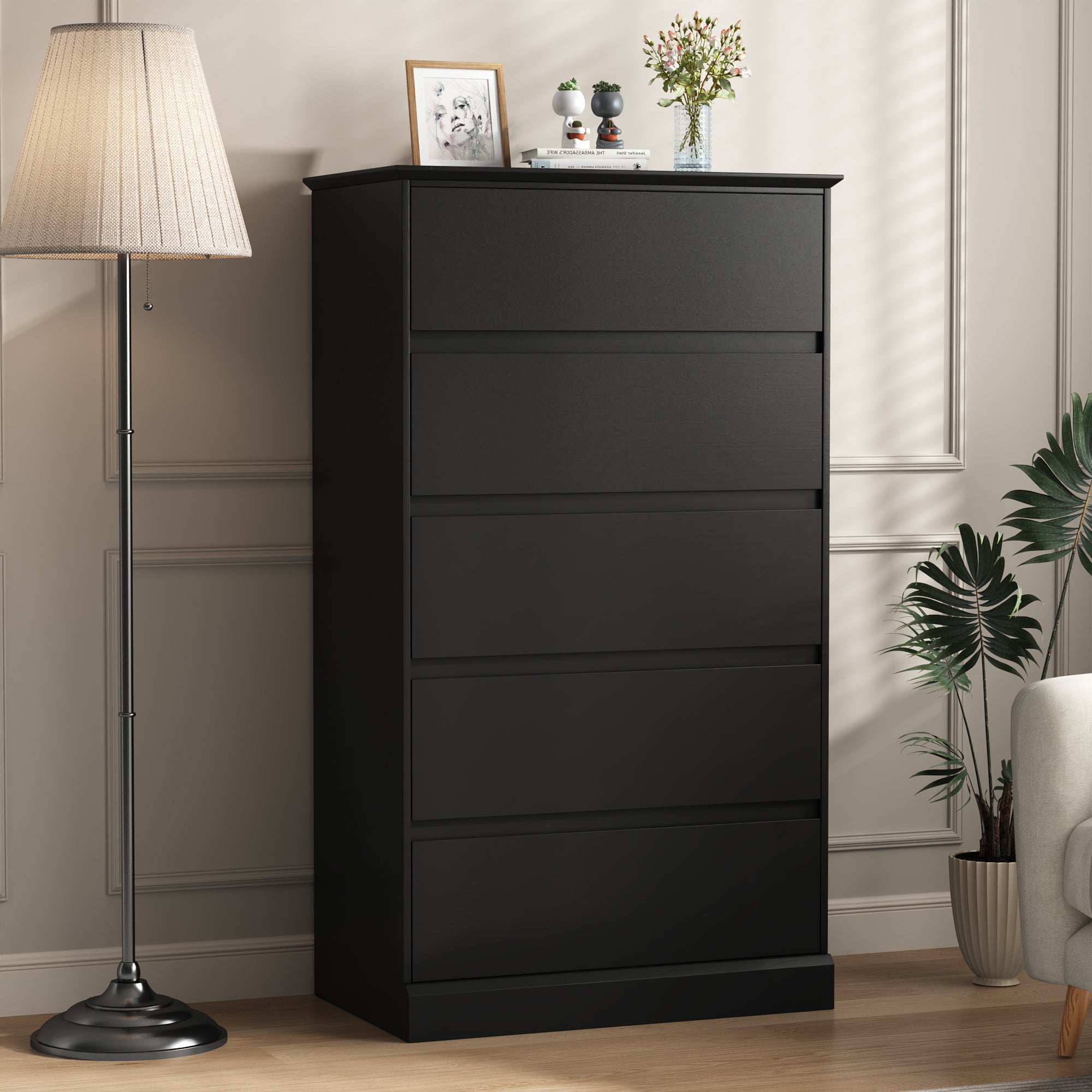 Bedroom Dresser Black, 5 Drawer Dresser Chest of Drawers for Living Ro