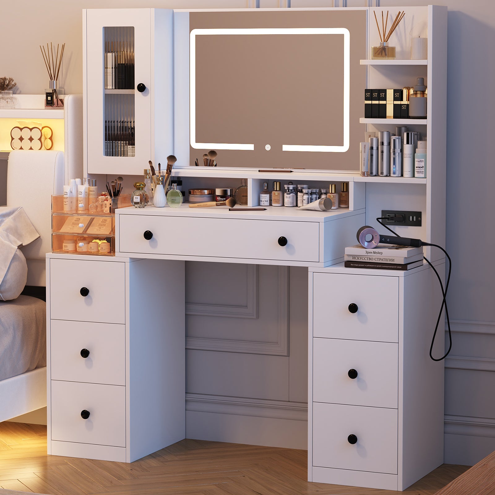 Vanity with Lights and Mirror,White Vanity Desk with 7 Drawers VPower