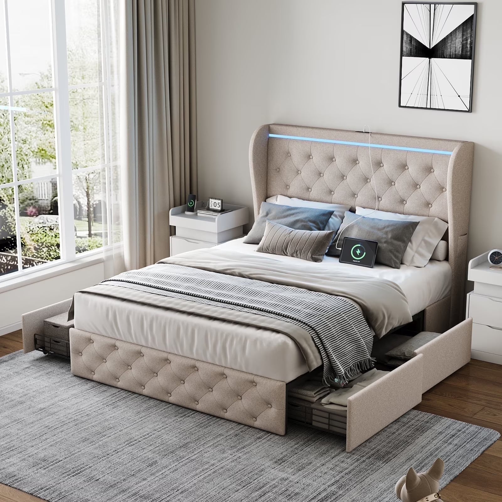 Upholstered Full Size Platform Bed Frame with 4 Storage Drawers and Wo ...