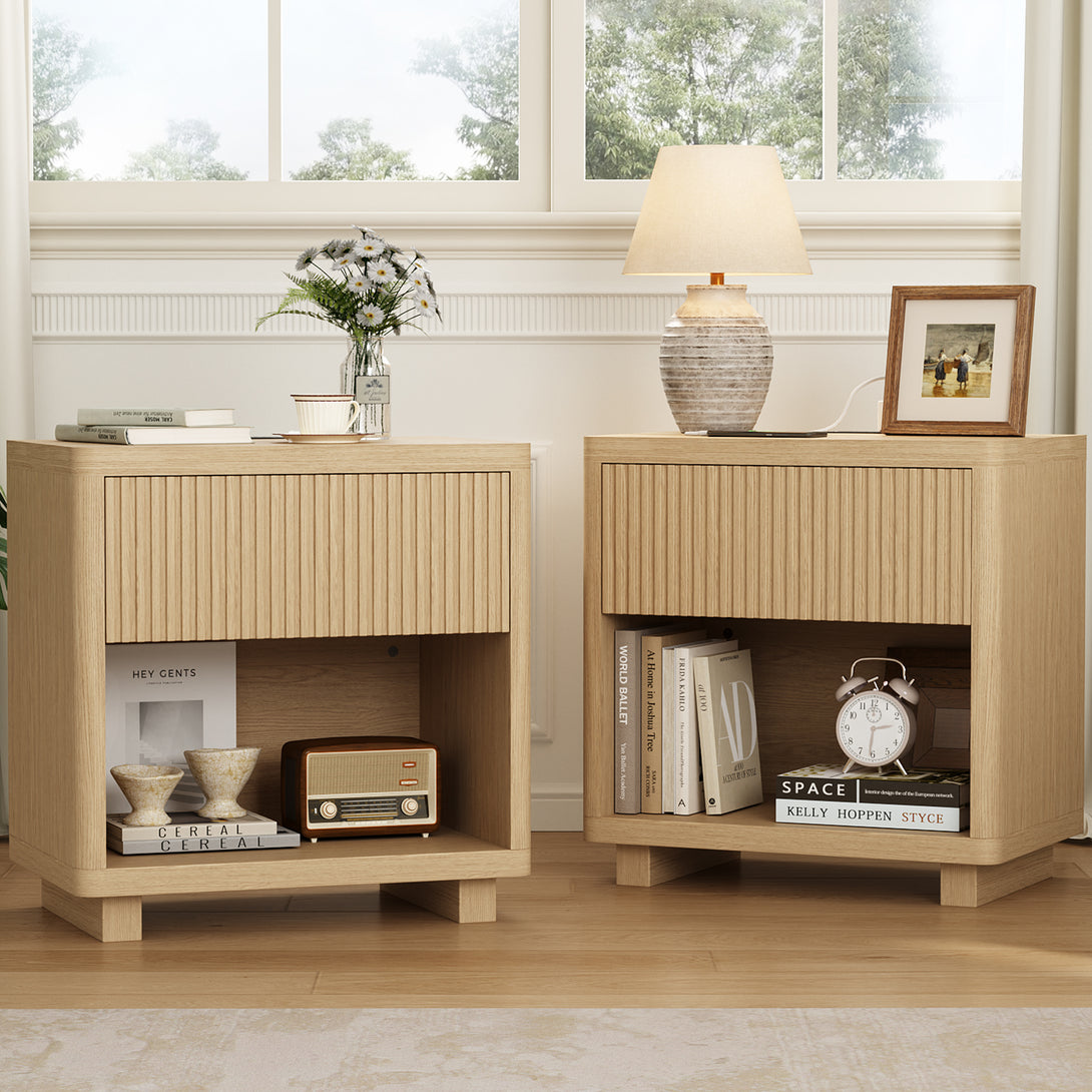 IDEALSOUL Nightstand, Fluted Bedside Table with Charging Station, End Table with open Storage, Large Wooden Night Stands Bedside for Bedroom Living Room