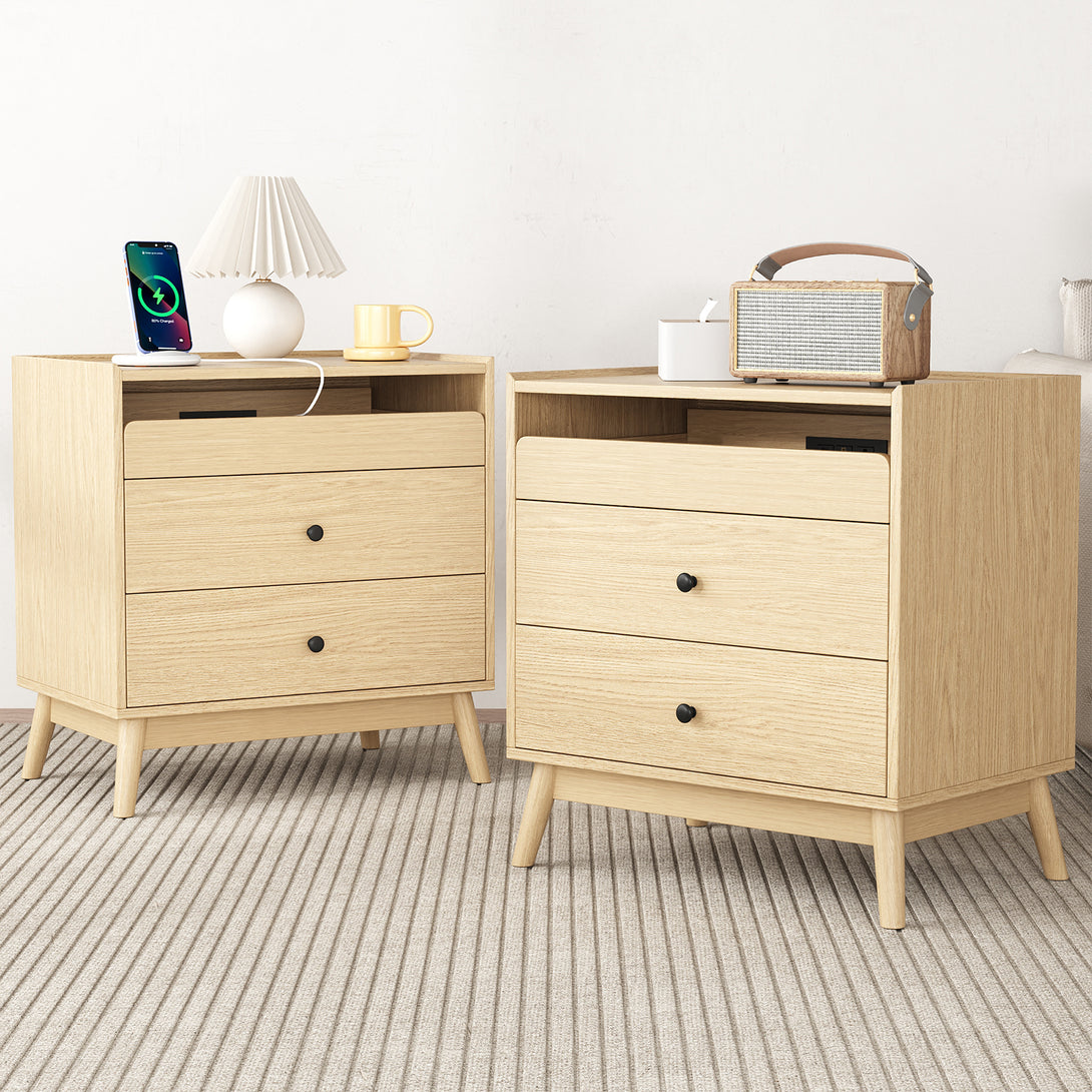 Nightstand Bedside Table, 25"H×23.6"W 3 Drawer Dresser with Hidden Charging Station, End Side Table for Bedroom Furniture