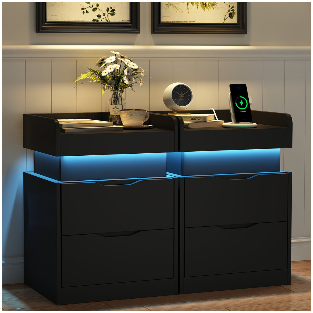 Black Nightstand with Charging Station, LED Smart Nightstand with 3 Hidden Drawer Modern Bedside Table End Side Table Nightstands for Bedroom Living Room 25" Tall