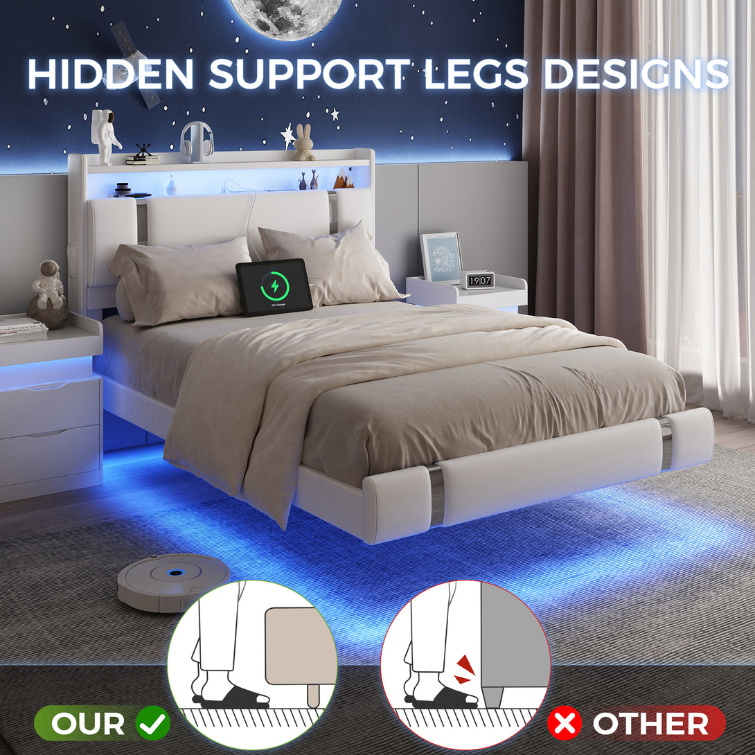 IDEALSOUL Full Size Bed Frame with LED Lights,Floating Metal Platform Bed with Storage Headboard,No Box Spring Needed,Easy to Assemble