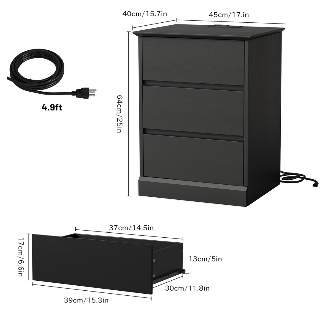 3 Drawers Nightstand with Charging Station, Bedside Table with Storage for Living Room Bedroom