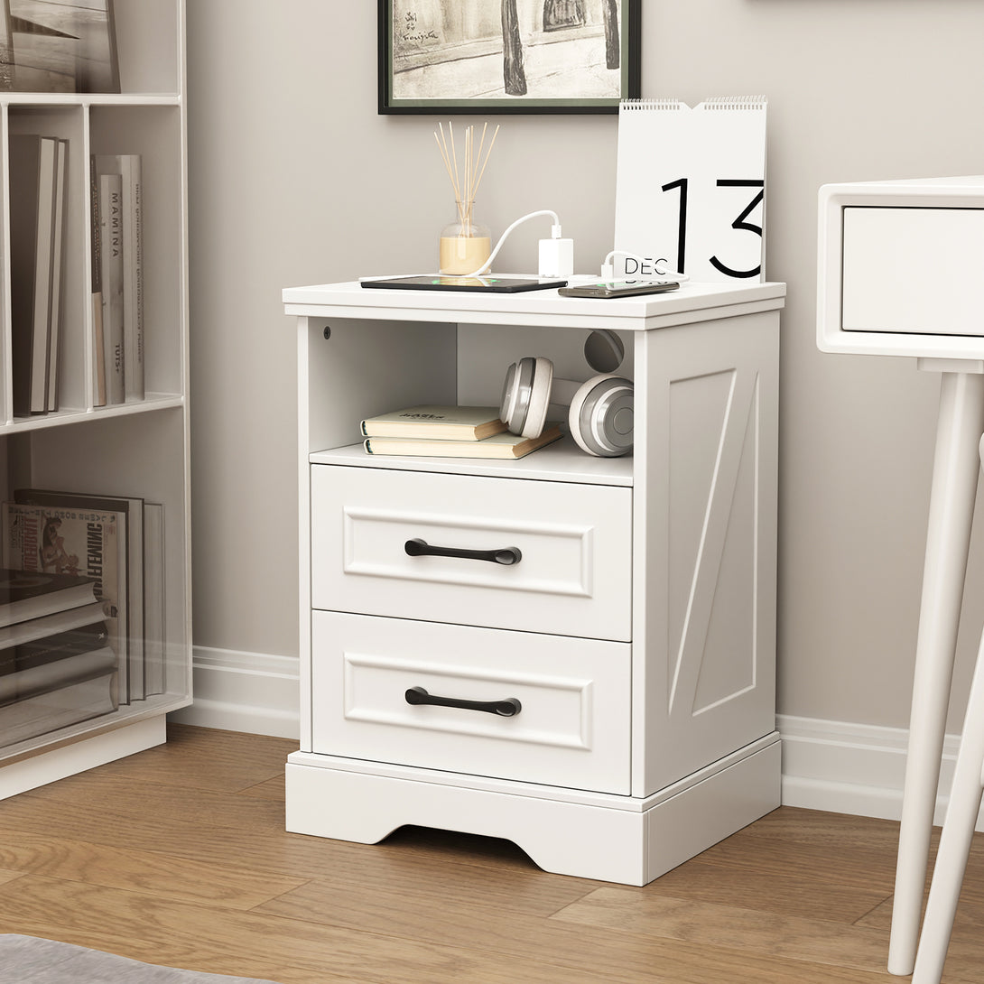 Nightstand with Charging Station, Farmhouse Nightstands with 2 Drawers Storage Side Table Bedside Cabinet for Bedroom Living Room