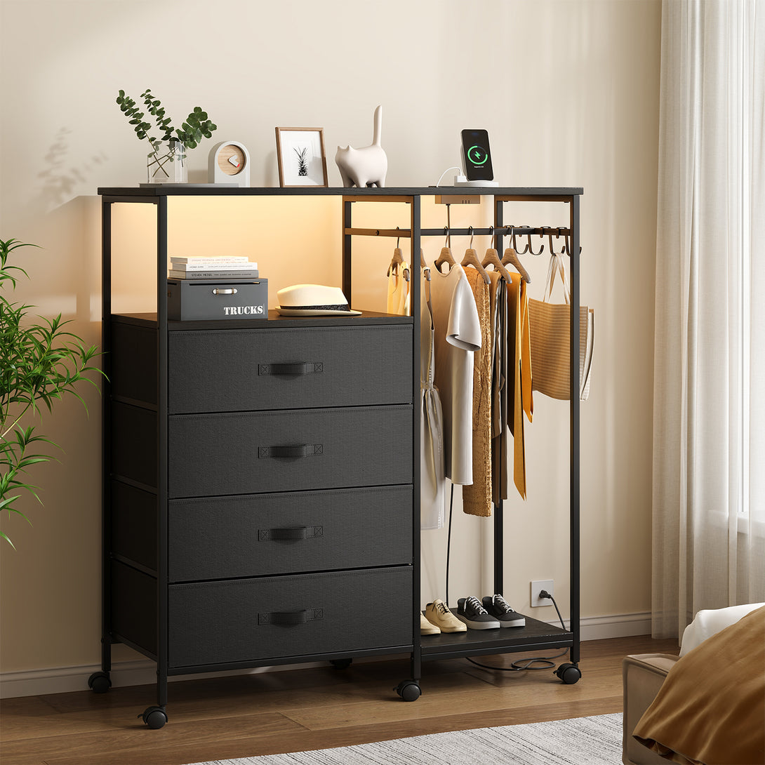Dresser with Hanging Rack, Bedroom Dresser with Hanging Rack Chest of Drawers with Fabric Drawers & LED Lights & Charging Station, Rust Brown
