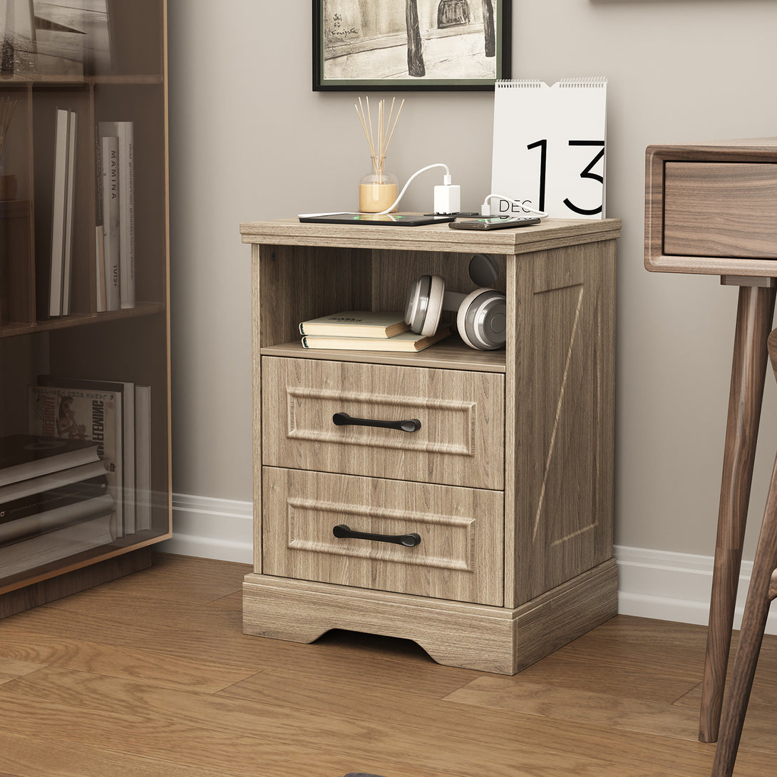 Nightstand with Charging Station, Farmhouse Nightstands with 2 Drawers Storage Side Table Bedside Cabinet for Bedroom Living Room