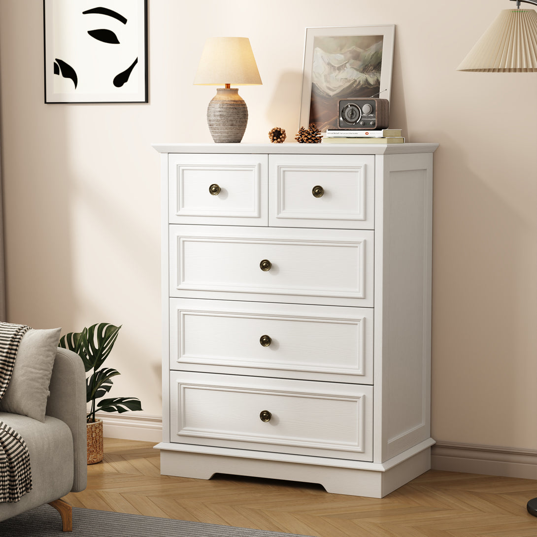 IDEALSOUL 5 Drawer Dresser for Bedroom, White Rustic Style Chest of Drawers, Retro Style 5 Drawer Dresser for Bedroom, Living Room, Bathroom
