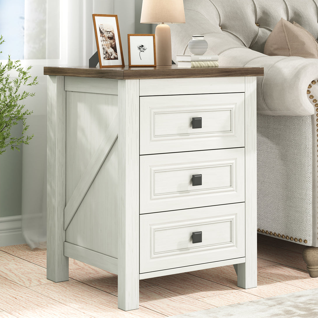 Nightstand Set of 2, bedside table with charging station, White farmhouse 3 drawer nightstand Rustic night stand end tables for bedroom Living Room