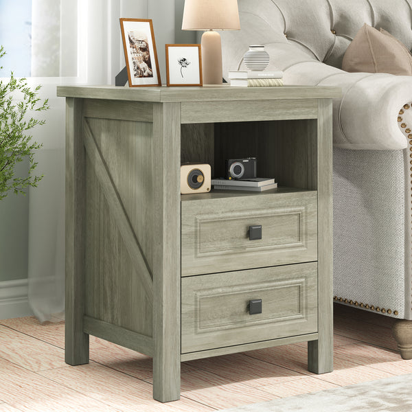 Nightstand with charging station, Rustic Bedside Table with 2 Drawers End Tables, Farmhouse Nightstand Night Stand for Bedroom Living Room, Gray