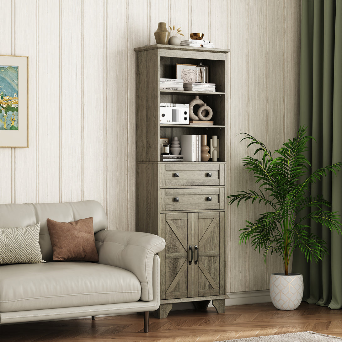 IDEALSOUL Tall Bathroom Storage Cabinet, 72" Farmhouse Storage Cabinet with 2 Drawers, Adjustable Shelves & Barn Door, Cabinet for Bathroom, Living Room, Kitchen