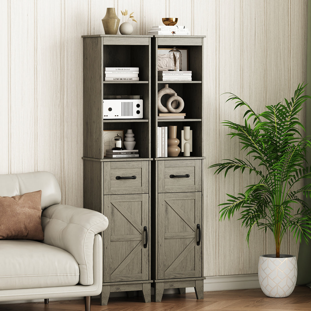 IDEALSOUL Tall Bathroom Storage Cabinet, Narrow Storage Cabinet, Freestanding Linen Cabinet with Barn Door and Drawer