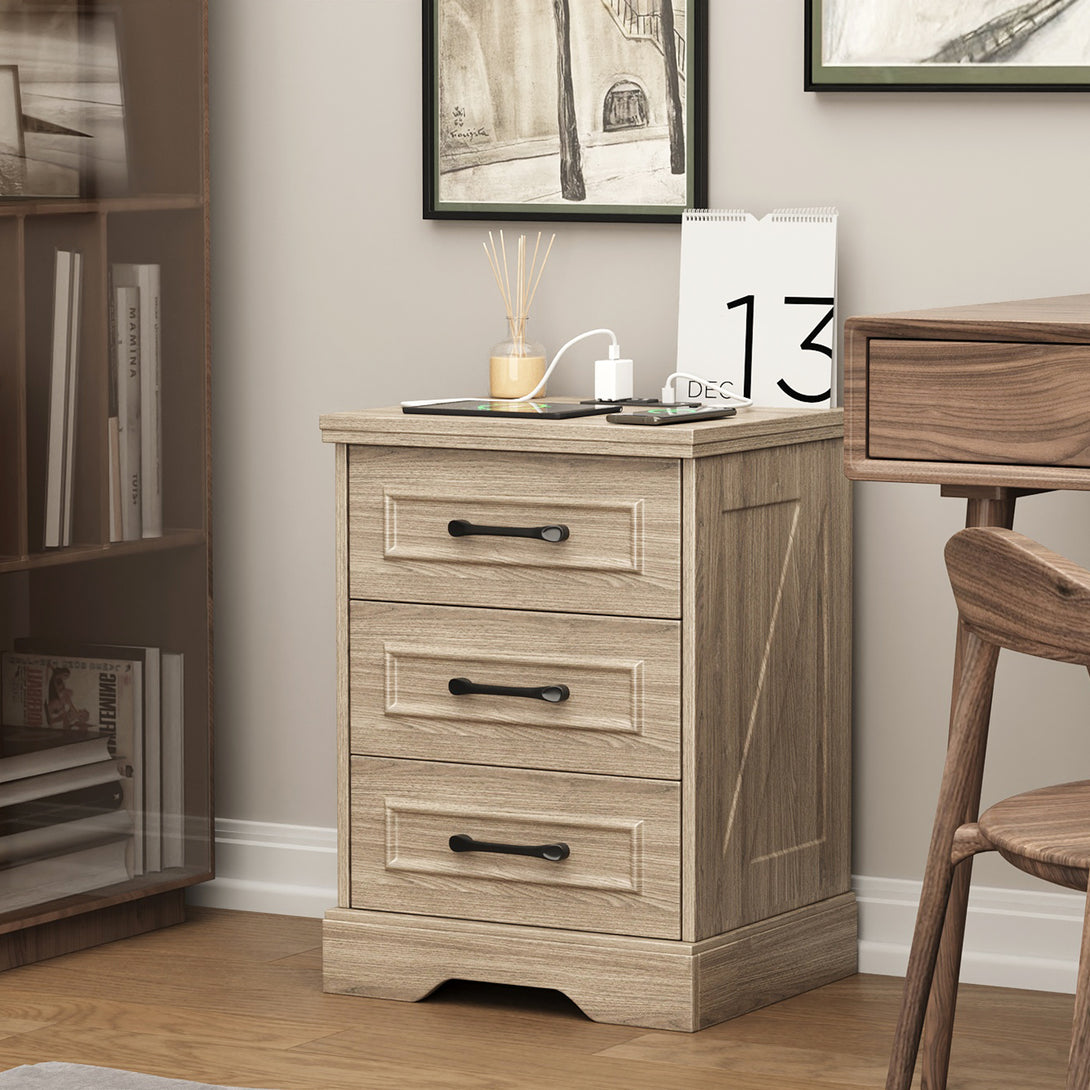Nightstand , Farmhouse End Table with Charging Station,3 Drawers Storage