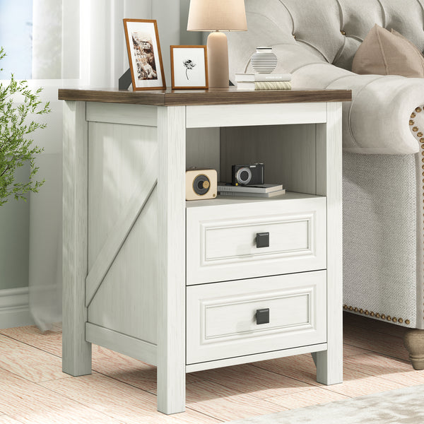 Nightstand with charging station, Rustic Bedside Table with 2 Drawers, Farmhouse Nightstand End Tables Night Stand for Bedroom Living Room, White