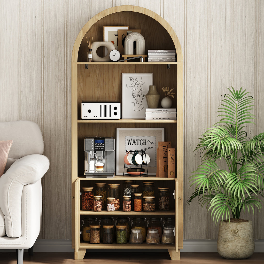 IDEALSOUL Arched Cabinet, 70-Inch Kitchen Pantry Storage Cabinet, Open Shelf Storage Cabinet with 2 Doors and 5 Shelves