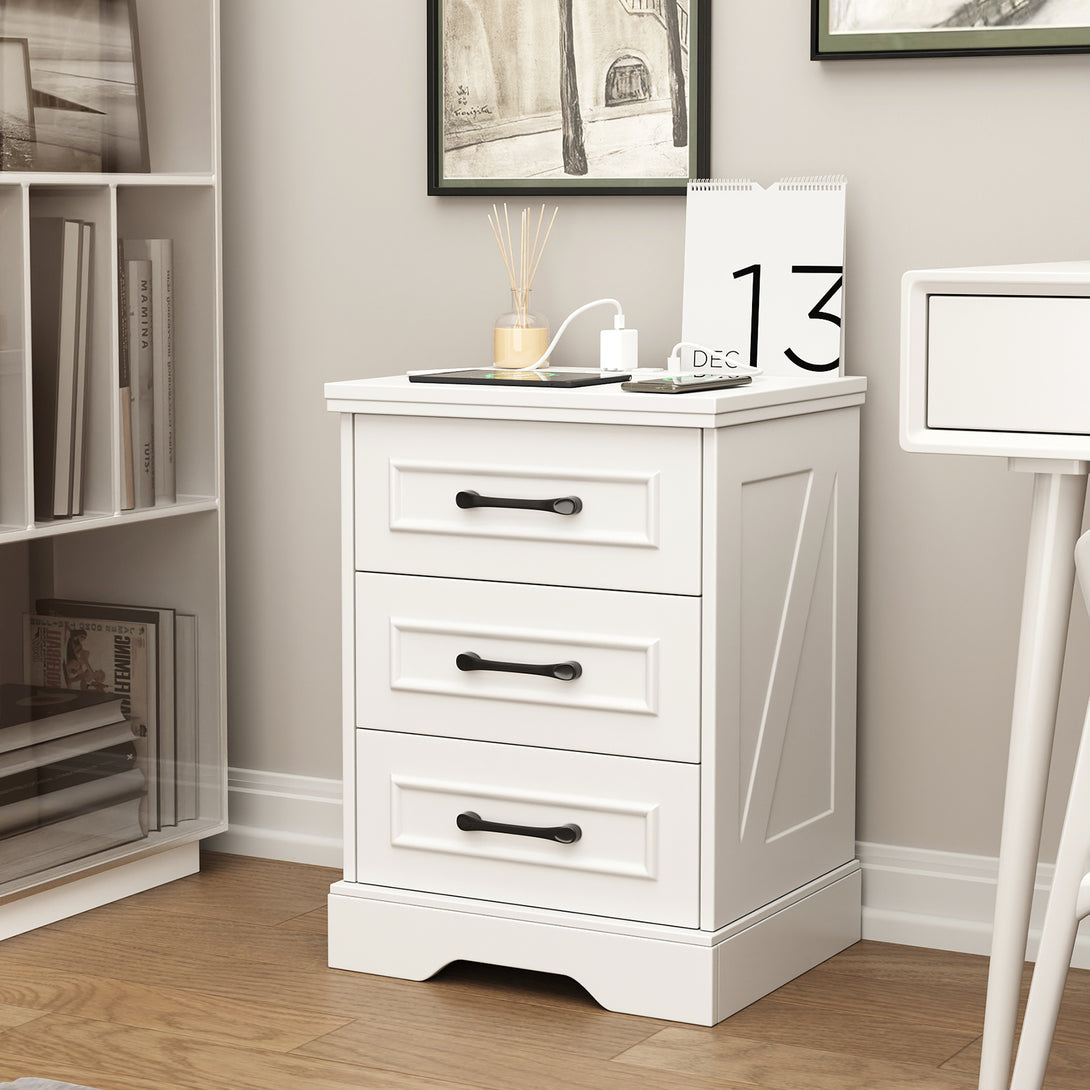 Nightstand , Farmhouse End Table with Charging Station,3 Drawers Storage