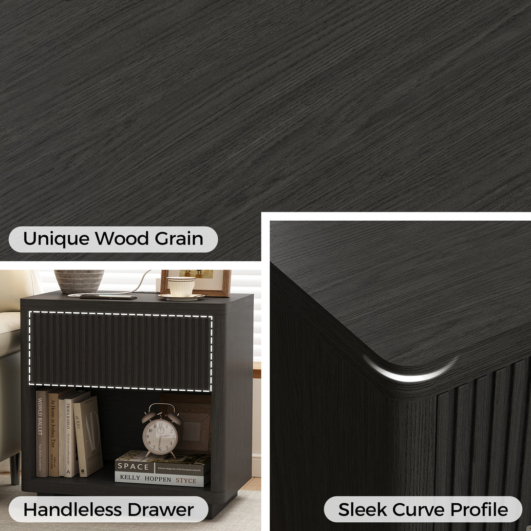 IDEALSOUL Nightstand, Fluted Bedside Table with Charging Station, End Table with open Storage, Large Wooden Night Stands Bedside for Bedroom Living Room