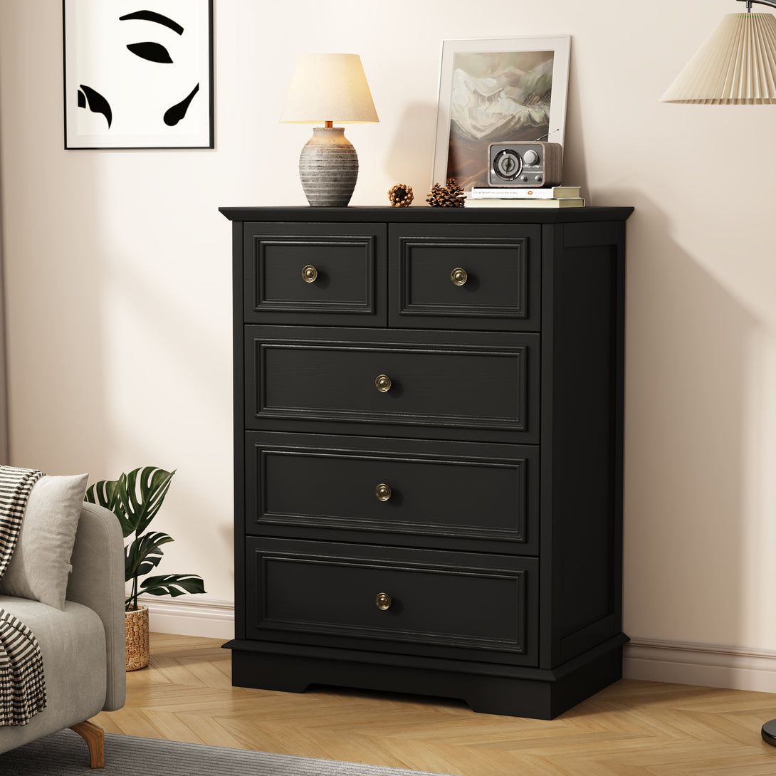 IDEALSOUL 5 Drawer Dresser for Bedroom, White Rustic Style Chest of Drawers, Retro Style 5 Drawer Dresser for Bedroom, Living Room, Bathroom