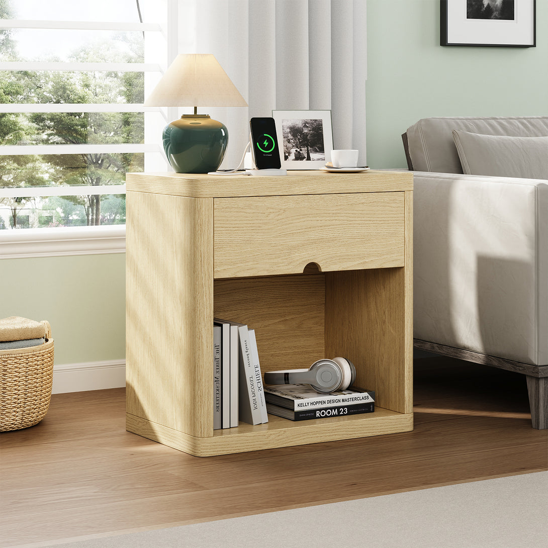 IDEALSOUL Nightstand , Nightstand with Charging Station, 24inch Bedside Table with Curved Top Corners, Crescent Shaped Buckle, Wooden End Table for Bedroom Living Room