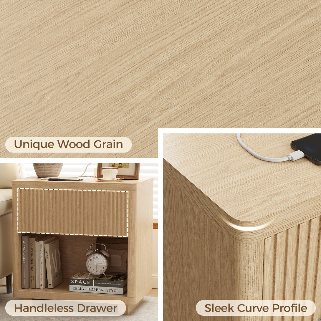 IDEALSOUL Nightstand, Fluted Bedside Table with Charging Station, End Table with open Storage, Large Wooden Night Stands Bedside for Bedroom Living Room
