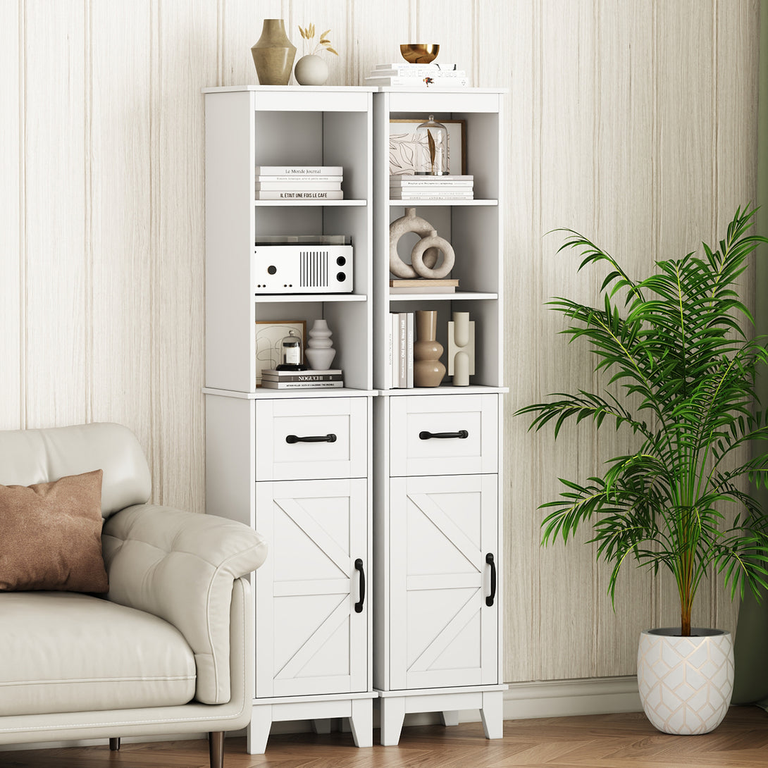 IDEALSOUL Tall Bathroom Storage Cabinet, Narrow Storage Cabinet, Freestanding Linen Cabinet with Barn Door and Drawer