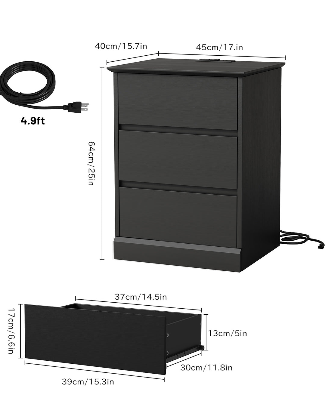 3 Drawers Nightstand with Charging Station, Bedside Table with Storage for Living Room Bedroom