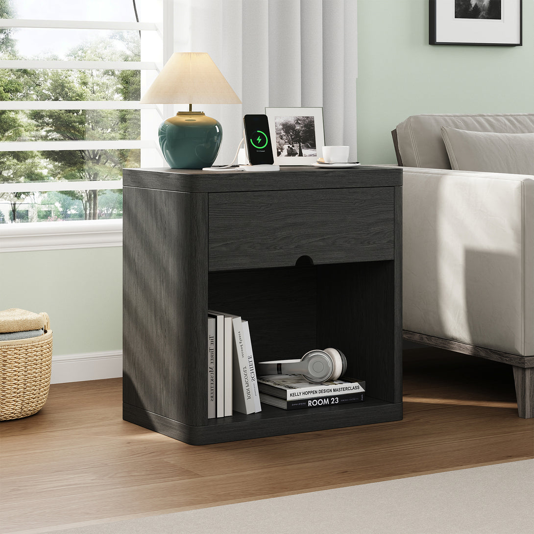 IDEALSOUL Nightstand , Nightstand with Charging Station, 24inch Bedside Table with Curved Top Corners, Crescent Shaped Buckle, Wooden End Table for Bedroom Living Room