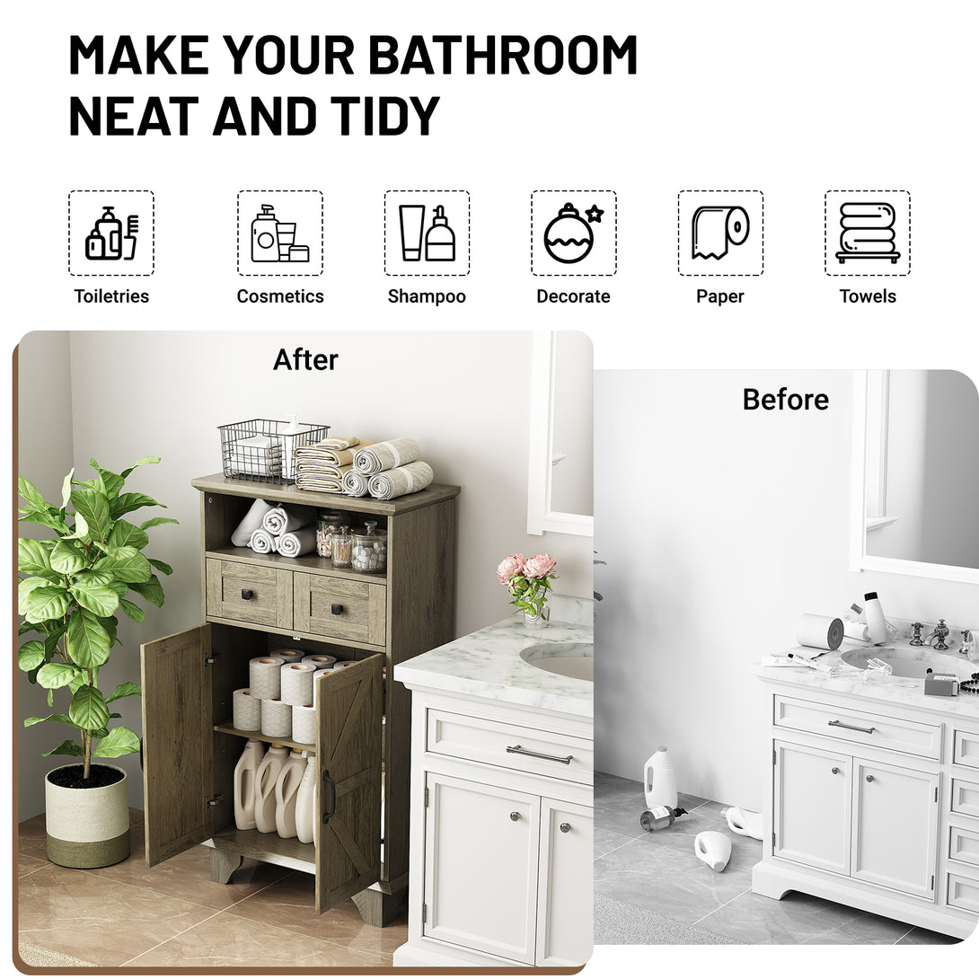 Bathroom Storage Cabinet with Doors and Drawers, Farmhouse Bathroom Floor Cabinet freestanding with Adjustable Shelf, 41.3"H Bathroom Organizer