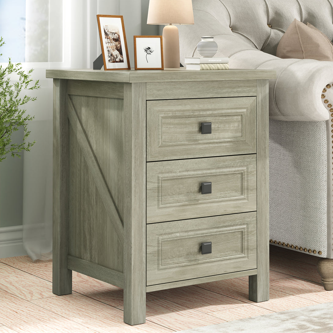 Nightstand Set of 2, bedside table with charging station, White farmhouse 3 drawer nightstand Rustic night stand end tables for bedroom Living Room