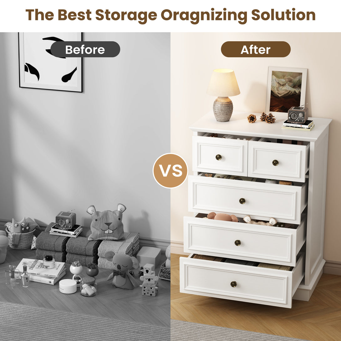 IDEALSOUL 5 Drawer Dresser for Bedroom, White Rustic Style Chest of Drawers, Retro Style 5 Drawer Dresser for Bedroom, Living Room, Bathroom