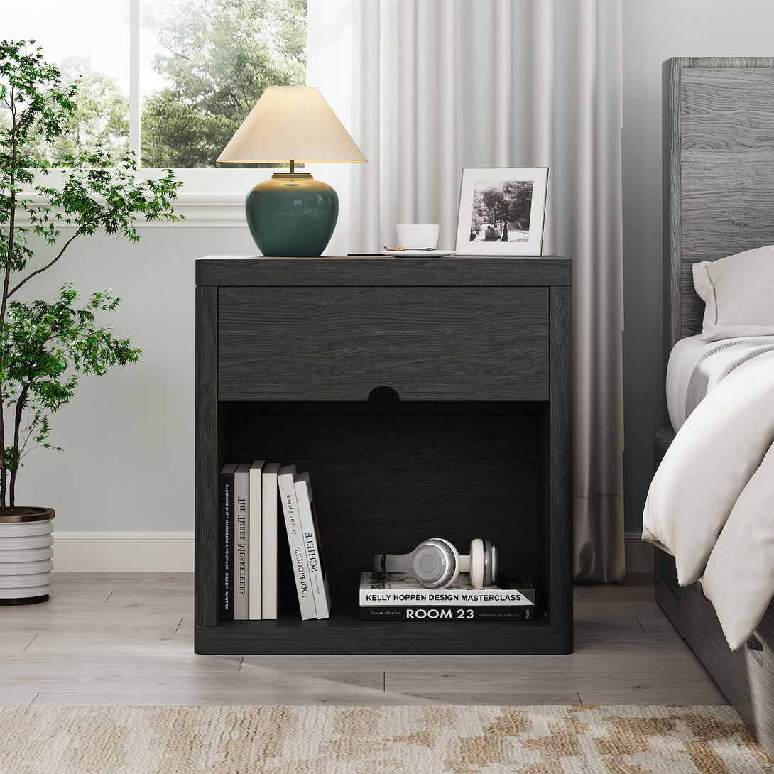 IDEALSOUL Nightstand , Nightstand with Charging Station, 24inch Bedside Table with Curved Top Corners, Crescent Shaped Buckle, Wooden End Table for Bedroom Living Room