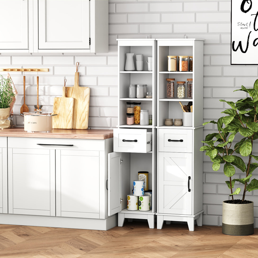 IDEALSOUL Tall Bathroom Storage Cabinet, Narrow Storage Cabinet, Freestanding Linen Cabinet with Barn Door and Drawer