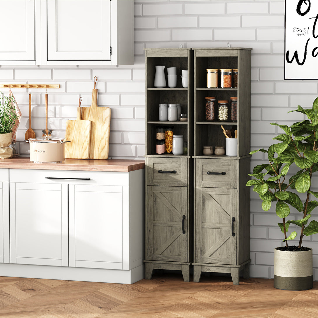 IDEALSOUL Tall Bathroom Storage Cabinet, Narrow Storage Cabinet, Freestanding Linen Cabinet with Barn Door and Drawer