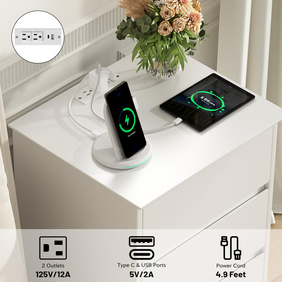 3 Drawers Nightstand with Charging Station, Bedside Table with Storage for Living Room Bedroom