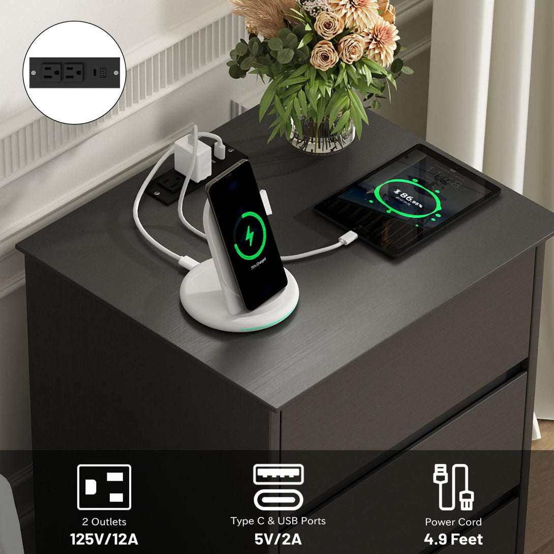 3 Drawers Nightstand with Charging Station, Bedside Table with Storage for Living Room Bedroom
