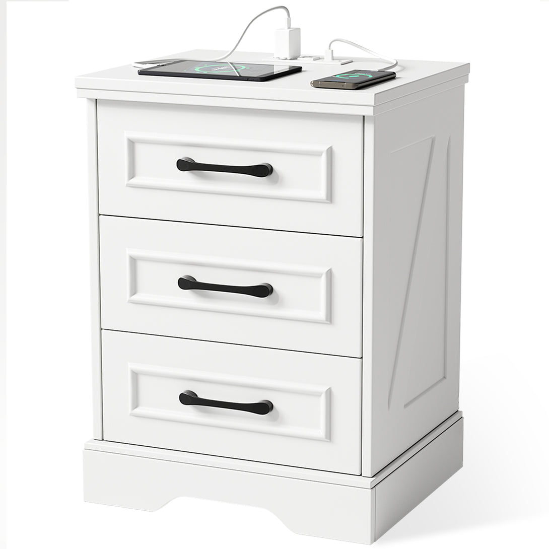 Nightstand , Farmhouse End Table with Charging Station,3 Drawers Storage