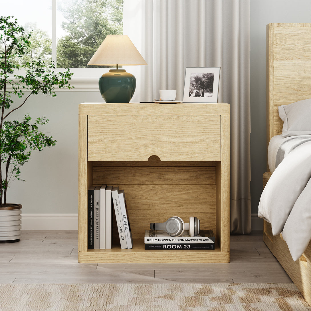 IDEALSOUL Nightstand , Nightstand with Charging Station, 24inch Bedside Table with Curved Top Corners, Crescent Shaped Buckle, Wooden End Table for Bedroom Living Room