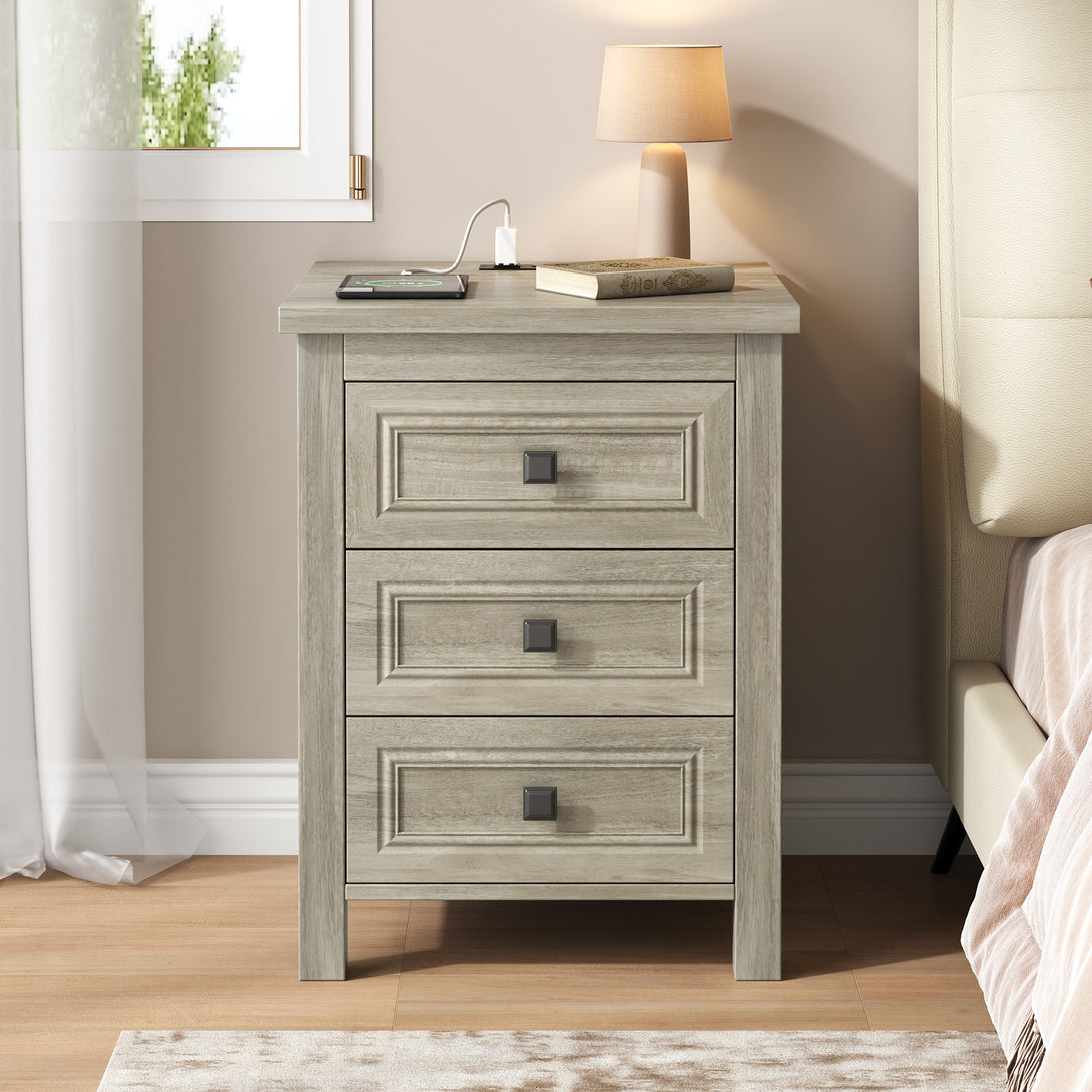 Nightstand Set of 2, bedside table with charging station, White farmhouse 3 drawer nightstand Rustic night stand end tables for bedroom Living Room