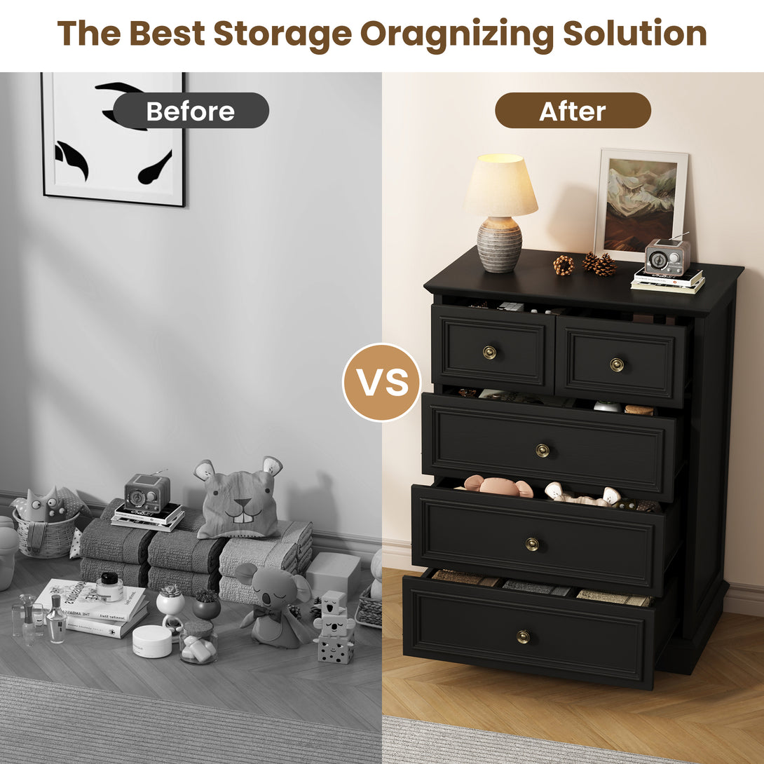 IDEALSOUL 5 Drawer Dresser for Bedroom, White Rustic Style Chest of Drawers, Retro Style 5 Drawer Dresser for Bedroom, Living Room, Bathroom