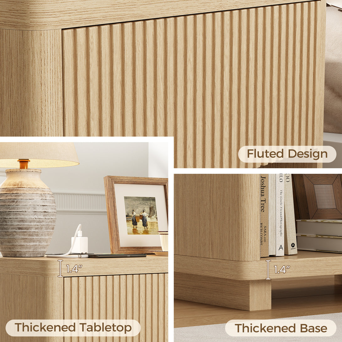 IDEALSOUL Nightstand, Fluted Bedside Table with Charging Station, End Table with open Storage, Large Wooden Night Stands Bedside for Bedroom Living Room