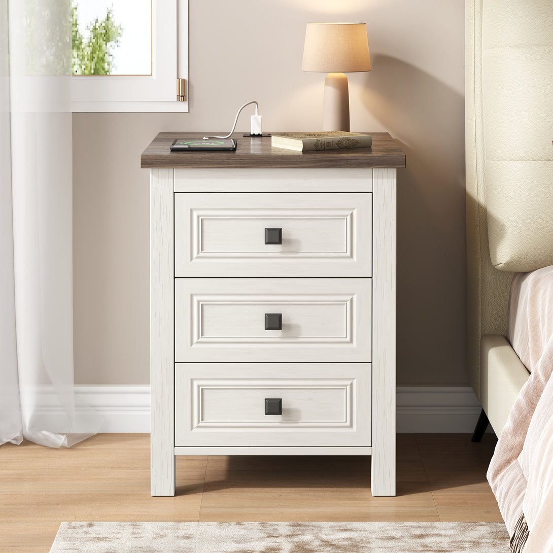 Nightstand Set of 2, bedside table with charging station, White farmhouse 3 drawer nightstand Rustic night stand end tables for bedroom Living Room