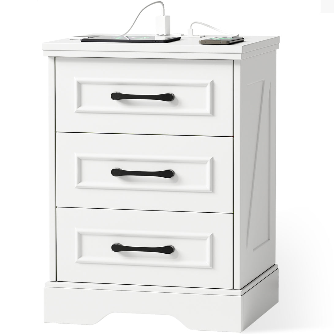 Nightstand , Farmhouse End Table with Charging Station,3 Drawers Storage