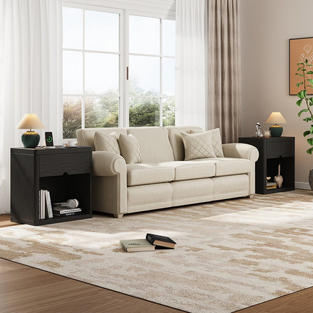 IDEALSOUL Nightstand , Nightstand with Charging Station, 24inch Bedside Table with Curved Top Corners, Crescent Shaped Buckle, Wooden End Table for Bedroom Living Room