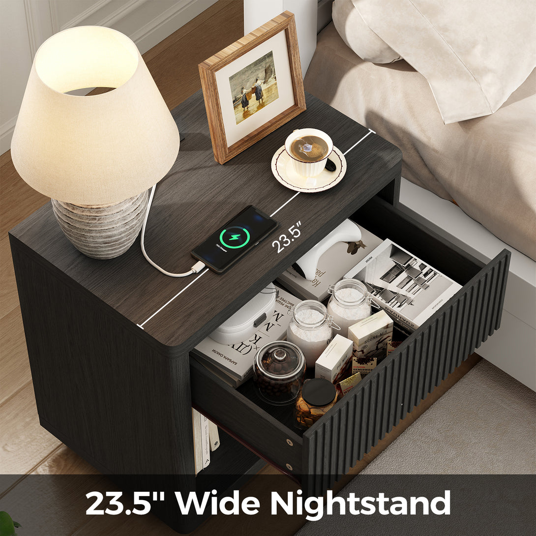 IDEALSOUL Nightstand, Fluted Bedside Table with Charging Station, End Table with open Storage, Large Wooden Night Stands Bedside for Bedroom Living Room