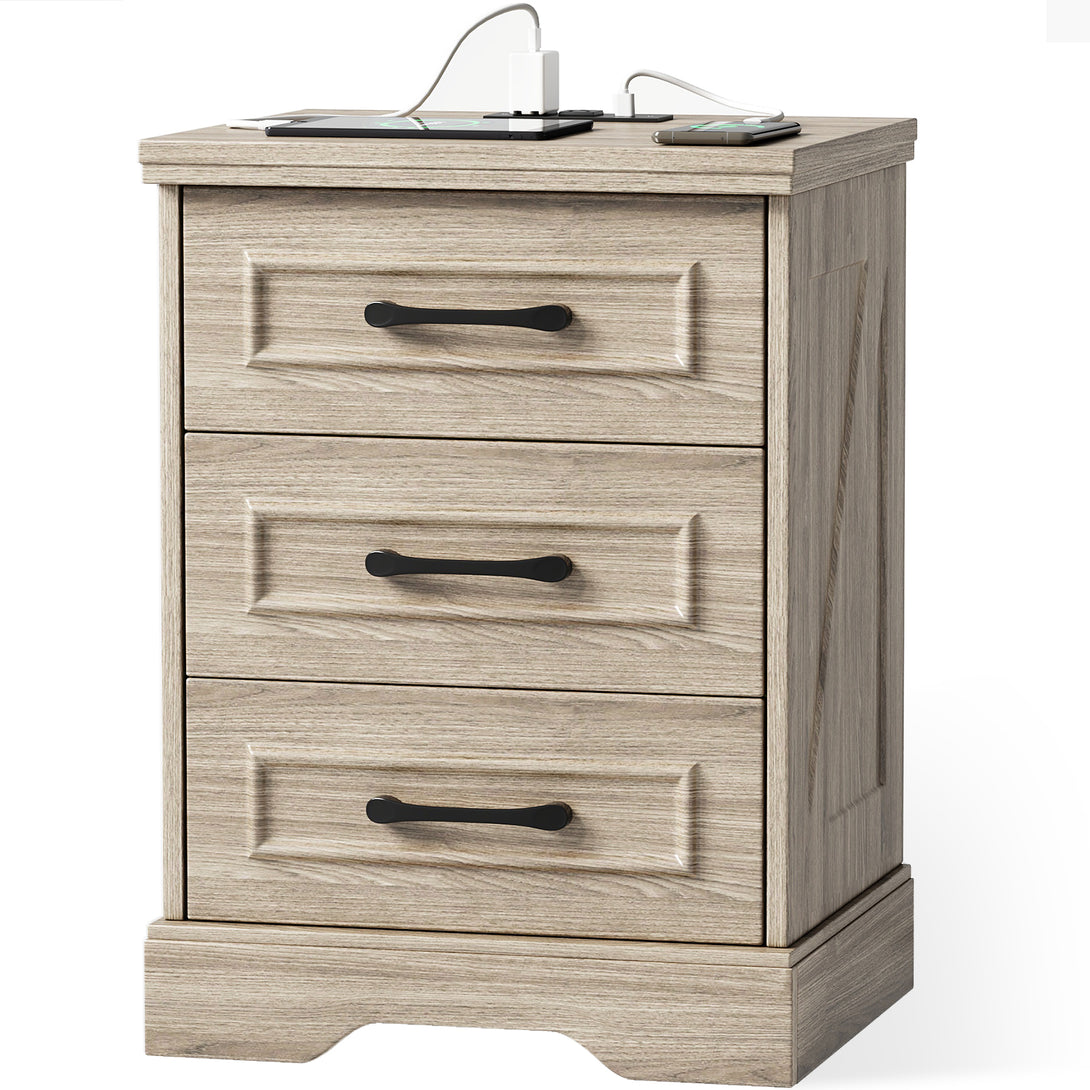 Nightstand , Farmhouse End Table with Charging Station,3 Drawers Storage