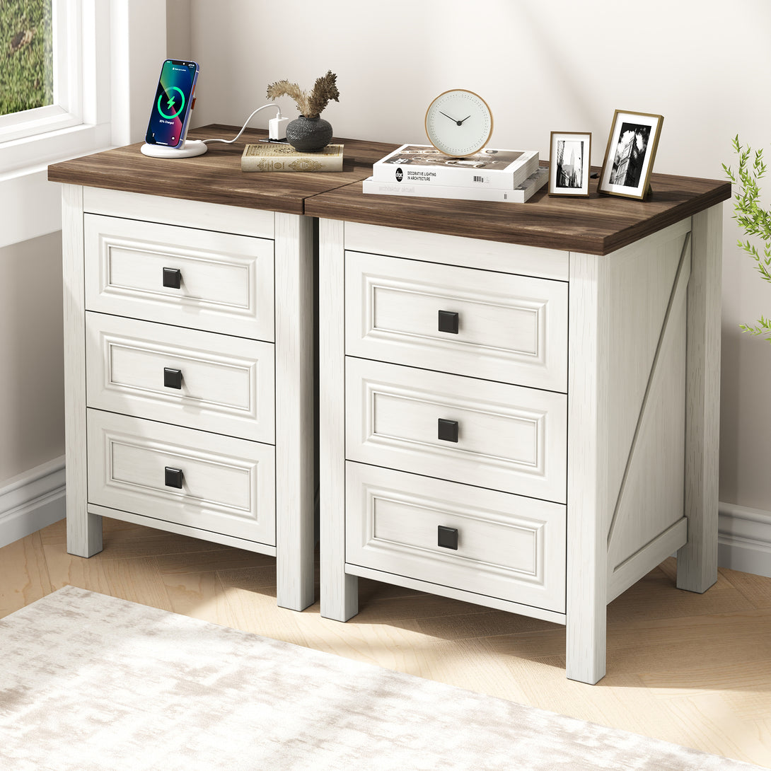 Nightstand Set of 2, bedside table with charging station, White farmhouse 3 drawer nightstand Rustic night stand end tables for bedroom Living Room