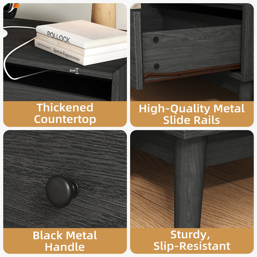 Nightstand Bedside Table, 25"H×23.6"W 3 Drawer Dresser with Hidden Charging Station, End Side Table for Bedroom Furniture