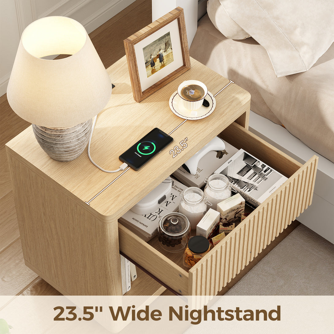 IDEALSOUL Nightstand, Fluted Bedside Table with Charging Station, End Table with open Storage, Large Wooden Night Stands Bedside for Bedroom Living Room