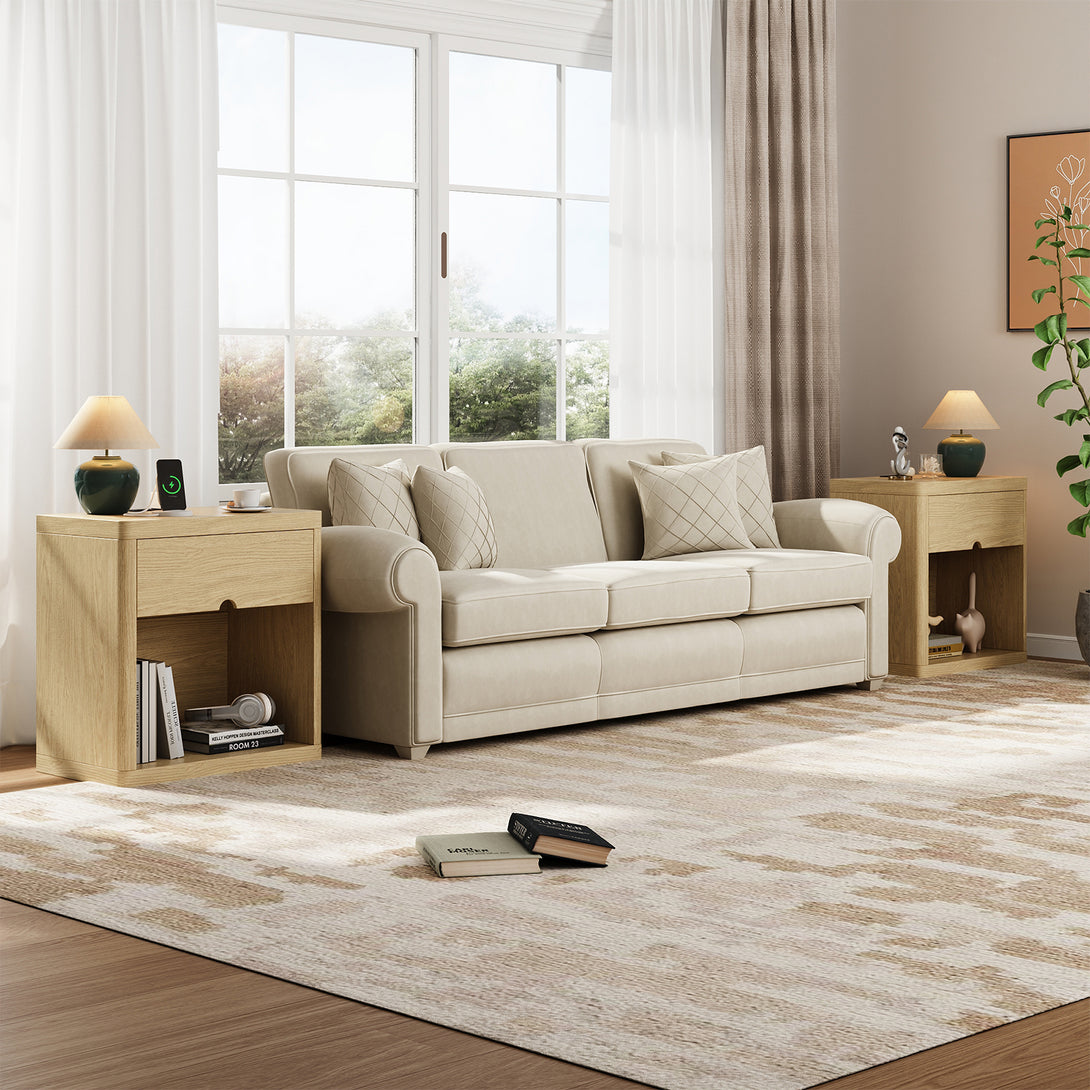 IDEALSOUL Nightstand , Nightstand with Charging Station, 24inch Bedside Table with Curved Top Corners, Crescent Shaped Buckle, Wooden End Table for Bedroom Living Room