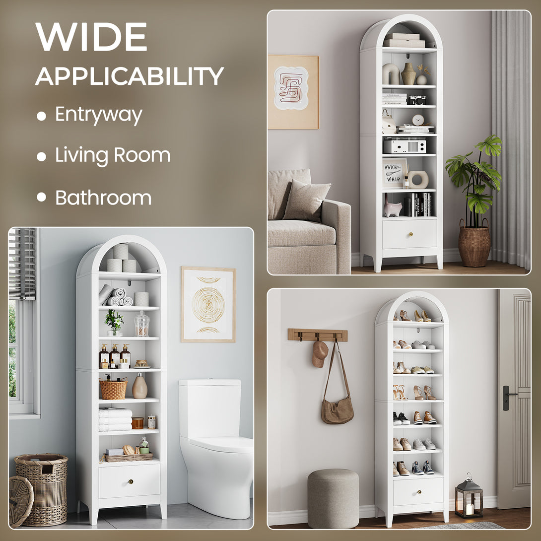 71" Arched Cabinet Tall Kitchen Pantry Cabinet, 8 Tiers Arched storage Cabinet with Doors and Shelves, Bookcase for Entryway, Hallway, Living Room